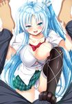  1girl blue_eyes blue_hair breasts denki_anma denma_onna denpa_onna_to_seishun_otoko fang feet femdom footjob kouda_serio large_breasts long_hair looking_at_viewer nipples no_shoes open_mouth panties pov pov_eye_contact school_uniform skirt thighhighs toes touwa_erio underwear very_long_hair 