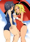  :t absurdres animal_ears arcana_heart arcana_heart_2 arcana_heart_3 ass bad_id bad_pixiv_id black_hair blonde_hair blue_swimsuit blush breasts bunny_tail cat_ears catherine_kyoubashi clenched_hand cloud competition_swimsuit daidouji_kira day drink drinking drinking_straw fake_tail flat_chest flipped_hair from_side highres holding holding_umbrella kneepits legs leotard looking_afar looking_at_viewer looking_back multiple_girls one-piece_swimsuit orange_eyes orochi_itto outdoors parasol purple_eyes red_leotard red_swimsuit school_swimsuit shared_drink shared_umbrella short_hair sky small_breasts standing star star_print sweatdrop swimsuit tail umbrella wide_hips wristband 