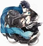  1girl aqua_eyes black_hair blue_scarf chidori_(@rom) couple eye_contact forehead-to-forehead hand_on_another's_cheek hand_on_another's_face hetero long_hair looking_at_another original scarf short_hair 