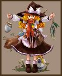  :&lt; :d apron aqua_eyes bag ball bamboo_broom bell blonde_hair book boots bottle bow braid broom capelet curly_hair doll fish flower frills gradient_eyes green_eyes hair_between_eyes hair_bow handbag hat hat_bow highres holding kirisame_marisa lace leaf long_hair long_sleeves mini-hakkero multicolored multicolored_eyes mushroom open_mouth outstretched_arms plant pot puffy_sleeves rock scarf sepia_background shanghai_doll side_braid simple_background single_braid smile soda standing star telescope touhou uma_(ninjin_misaki) v-shaped_eyebrows white_bow winding_key windowboxed witch_hat wrench yellow_eyes 