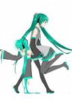 boots carrying clone detached_sleeves dual_persona green_hair hatsune_miku long_hair multiple_girls nyakelap simple_background skirt thigh_boots thighhighs tileable very_long_hair vocaloid white_background 