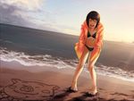  1girl :d beach bikini black_hair cloud eyes_closed jacket midriff naruto navel ocean open_mouth outdoors sand sandals shizune_(naruto) short_hair smile solo standing sun swimsuit tk tk_(tk's_level4) 