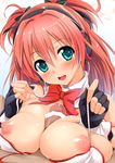  :d aqua_eyes bar_censor blush bow breasts censored fingerless_gloves gloves green_eyes headphones highres idol_kanojo large_breasts long_hair looking_at_viewer nipples open_mouth otomusume paizuri penis puffy_nipples red_hair shiny shiny_skin smile solo_focus sorimura_youji triangle! two_side_up 