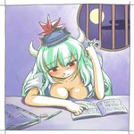  blush book breast_rest breasts cleavage cloud desk ex-keine frame full_moon futatsuki_hisame green_hair hand_in_hair hat horns kamishirasawa_keine large_breasts long_hair moon night pen playing_with_own_hair red_eyes ribbon round_window shirt short_sleeves sky smile solo touhou window 