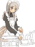  apron blush braid cup grey_eyes izayoi_sakuya japanese_clothes maid maid_headdress partially_colored shibasaki_shouji short_hair silver_hair sketch smile solo teacup tiered_tray touhou twin_braids 