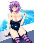  bad_id bad_pixiv_id blue_eyes blush breasts candy cleavage food large_breasts lollipop looking_at_viewer mouth_hold one-piece_swimsuit purple_hair rosario+vampire school_swimsuit sen_(sansui) shiny shiny_skin shirayuki_mizore short_hair sitting solo striped striped_legwear swimsuit thighhighs v 