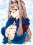  1girl blue_background breasts brown_eyes brown_hair cleavage elbow_gloves fur glasses gloves long_hair presa_(tales) preza tales_of_(series) tales_of_xillia 