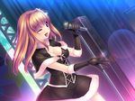  1girl blonde_hair blush breasts cleavage elbow_gloves game_cg gloves happy ichijou_suzune large_breasts long_hair looking_away microphone motto_nee_chanto_shiyou_yo! open_mouth show singing skirt smile solo standing sumeragi_kohaku wince wink 