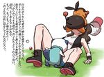  1girl baseball_cap bestiality boots brown_hair habatakuhituji hat oshawott pokemon pokemon_(game) pokemon_bw ponytail shorts sleeveless tepig touko_(pokemon) translation_request 