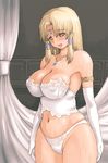  armlet bare_shoulders blonde_hair breasts bustier covered_nipples curtains elbow_gloves gloves hair_tubes ishida_masayuki jewelry large_breasts lingerie navel necklace open_mouth original panties skindentation solo sweat tiara underwear 