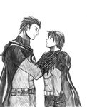  2boys batman batman_(series) belt bruce_wayne cape dc_comics dick_grayson eye_contact family father father_and_son gloves looking_at_another male male_focus mask monochrome multiple_boys pixiv_thumbnail resized sketch son superhero 