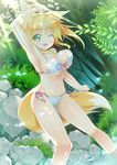  ;d animal_ears arm_up armpits bikini blonde_hair blush breasts dappled_sunlight dog_days fang fox_ears fox_tail front-tie_top green_eyes groin highres ichi_makoto large_breasts light_rays long_hair looking_at_viewer navel one_eye_closed open_mouth ponytail rock shiny shiny_skin side-tie_bikini skindentation smile solo sunbeam sunlight swimsuit tail wading yukikaze_panettone 