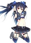  armpits black_hair blush bow crop_top hair_bow hair_ornament kami_jigen_game_neptune_v kirifrog kneeling long_hair looking_at_viewer midriff navel neptune_(series) noire open_mouth red_eyes solo twintails 