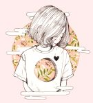  1girl blush crisalys cropped_torso egasumi eyes_closed heart hole hole_in_chest leaf lips looking_to_the_side medium_hair original pink_background plant shirt short_sleeves simple_background solo traditional_media upper_body white_hair white_shirt 
