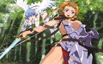  2girls absurdres armor armored_boots blue_eyes blue_hair boots braid breasts brown_hair cleavage copyright_name dated dress elbow_gloves forest gloves green_eyes highres holding holding_sword holding_weapon large_breasts leina looking_at_viewer multiple_girls nanael nature open_mouth outdoors queen's_blade shield short_hair short_hair_with_long_locks side_braid sideboob signature sword twin_braids weapon white_dress white_gloves white_wings wings 