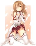  :&lt; alternate_costume ass_visible_through_thighs asuna_(sao) asuna_(sao)_(cosplay) bare_shoulders brown_hair cosplay detached_sleeves hair_down highres kneeling long_hair looking_at_viewer miko_92 red_eyes silica skirt skirt_lift solo sword_art_online thighhighs white_legwear 