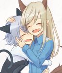  animal_ears bad_id bad_pixiv_id blonde_hair cat_ears cat_tail closed_eyes dog_ears dog_tail eila_ilmatar_juutilainen happy hug koma_(remi_398) military military_uniform multiple_girls open_mouth sanya_v_litvyak silver_hair strike_witches tail uniform world_witches_series 