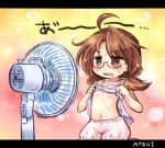  ahoge bloomers brown_eyes brown_hair clothes_lift electric_fan fanning_self flat_chest glasses hot letterboxed lifted_by_self long_hair low_twintails lowres navel pote_(ptkan) red-framed_eyewear saliva semi-rimless_eyewear sitting solo stomach sweat touhou twintails under-rim_eyewear underwear usami_sumireko wavy_hair 