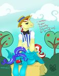  blush bow_tie clothing duskfall english_text equine flam_(mlp) friendship_is_magic from_behind fruit gag gay hair hat hay horn horse hot_dogging male mammal my_little_pony outside pegasus pony ravindra sex text tree two_tone_hair wings wood 