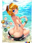  arched_back ass bad_anatomy bikini blonde_hair blue_eyes blush butt_crack character_name dimples_of_venus fingers_together hair_ornament hairband imazon kagamine_rin kneeling micro_bikini open_mouth partially_submerged short_hair shorts side-tie_bikini solo sparkle swimsuit thong_bikini vocaloid watch water wet wristwatch 