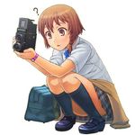  ? bag blush braid brown_eyes brown_hair camera clothes_around_waist convenient_leg full_body holding holding_camera itou_(onsoku_tassha) kneehighs loafers original plaid plaid_skirt pleated_skirt rolleiflex school_bag school_uniform shirt shoes short_hair short_sleeves side_braid simple_background single_braid skirt solo squatting sweater sweater_around_waist technical_difficulties twin-lens_reflex_camera watch white_background wristwatch 