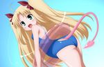 absurdres ass ass_cutout astarotte_ygvar blonde_hair calendar_(medium) competition_school_swimsuit fang from_behind green_eyes highres long_hair looking_back lotte_no_omocha! one-piece_swimsuit pointy_ears school_swimsuit solo sugimura_tomokazu swimsuit tail tail_through_clothes 