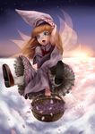  above_clouds arm_up bangs basket blonde_hair blunt_bangs bow capelet cloud flying green_eyes hand_on_headwear hand_up hat hat_tug holding holding_basket lily_white long_hair open_mouth petals sky solo touhou wide-eyed wings yana_(nekoarashi) 