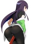  7th_dragon 7th_dragon_(series) agemono ass blue_eyes blush bodysuit cameltoe crotch_rub japanese_clothes pantyhose purple_hair ran_(7th_dragon) samurai_(7th_dragon) solo staff 