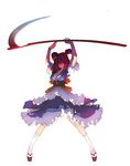  absurdres alternate_weapon arms_up breasts cleavage clog_sandals coin dress flower hair_bobbles hair_ornament highres large_breasts obi one_eye_closed onozuka_komachi red_eyes red_hair sash scythe short_hair sky smile solo tabi touhou tsunekun two_side_up weapon white_legwear 