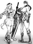  2girls apron armor bikini_armor boots bracer breasts cattleya curvy feet female gauntlets glasses gloves hair_ornament housewife huge_breasts legs long_hair mafen milf monochrome multiple_girls ponytail pyrrha_alexandra queen&#039;s_blade queen's_blade shield sideboob simple_background skirt sophitia_alexandra soul_calibur soulcalibur_iii standing sword weapon white_background 