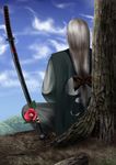  day flower from_behind katana konpaku_youki log long_hair male_focus scabbard sheath silver_hair sitting sky solo sword touhou tree weapon yana_(nekoarashi) 