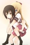  2girls black_legwear blonde_hair blue_eyes bow brown_eyes brown_hair carrying collarbone commentary_request funami_yui hair_bow long_hair multiple_girls nanamori_school_uniform piggyback ren_kon school_uniform serafuku short_hair smile socks toshinou_kyouko twitter_username yuru_yuri 