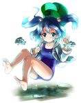  barefoot bloom blue_eyes blue_hair fish full_body hair_bobbles hair_ornament hat hat_removed headwear_removed kannazuki_hato kawashiro_nitori one-piece_swimsuit rock school_swimsuit simple_background smile solo swimsuit swimsuit_under_clothes touhou twintails two_side_up 