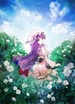  chagu cloud day flower hat highres long_hair looking_back nature open_mouth outdoors patchouli_knowledge purple_eyes purple_hair rose sky smile solo touhou white_flower white_rose 