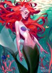  ariel_(disney) blue_eyes bubble digital_media_(artwork) digital_painting_(artwork) disney female fish flower fork green_scales hair long_nails marine merfolk mioree plant red_hair scales seashell_bra solo the_little_mermaid underwater vehicle water webbed_hands 