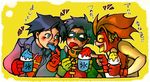  3boys bart_allen batman_(series) black_hair brown_hair dc_comics domino_mask eating flash_(series) flavored_ice food gloves goggles impulse male male_focus mask multiple_boys pixiv_thumbnail resized robin_(dc) s_shield shaved_ice slush spoon superboy superhero superman_(series) tim_drake tongue trio young_justice 