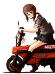  amami_haruka bespectacled bow brown_hair commentary_request glasses green_eyes ground_vehicle hair_bow hair_ribbon helmet idolmaster idolmaster_(classic) looking_at_viewer mistrail motocompo motor_vehicle motorcycle ribbon riding school_uniform short_hair simple_background skirt smile solo white_background 