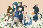  animal_ears black_hair blue_hair braid brown_eyes brown_hair bug bunny_ears carrot centaur doughnut ebimomo field flower flower_field food grey_eyes grey_hair horn insect ladybug mole multiple_girls original pink_eyes ponytail red_eyes school_uniform serafuku unicorn 