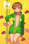  badge boned_meat breasts brown_eyes brown_hair button_badge food halftone hand_on_hip jacket lips meat naked_track_jacket navel no_panties persona persona_4 satonaka_chie short_hair sleeves_pushed_up small_breasts smile solo track_jacket unzipped yuksi zipper 