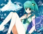  alternate_hairstyle anklet bracelet character_name cloud frog_hair_ornament green_eyes green_hair hair_ornament hair_tubes jewelry kanasaki kochiya_sanae long_hair nail_polish one-piece_swimsuit open_mouth ponytail snake_hair_ornament solo sunglasses swimsuit touhou 