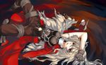  archer fate/stay_night fate_(series) genderswap genderswap_(mtf) gloves highres jpeg_artifacts lamian_(pixiv415608) long_hair lying messy_hair midriff open_fly open_mouth red_eyes solo unzipped white_hair 
