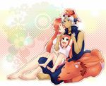  2girls :d animal_ears arf bad_id bad_pixiv_id barefoot blue_eyes blush closed_eyes collar fang flower forehead_jewel frown long_hair lyrical_nanoha mahou_shoujo_lyrical_nanoha mahou_shoujo_lyrical_nanoha_a's mahou_shoujo_lyrical_nanoha_strikers multiple_girls multiple_persona nagashiro_rouge on_head open_mouth orange_hair red_eyes shorts silver_hair sitting smile tail wolf wolf_ears wolf_tail younger zafira 