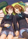  bed brown_eyes brown_hair fukutarou_(enji127) glasses hirasawa_yui holding_hands interlocked_fingers k-on! lying manabe_nodoka multiple_girls pantyhose red-framed_eyewear sakuragaoka_high_school_uniform school_uniform semi-rimless_eyewear short_hair under-rim_eyewear 