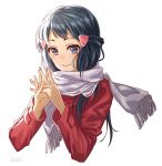  1girl black_hair blue_eyes blush creatures_(company) fingers_together game_freak hair_ornament hairclip hari611 hikari_(pokemon) long_hair nintendo no_hat no_headwear pokemon pokemon_(game) pokemon_dppt scarf signature simple_background smile solo white_background winter_clothes 
