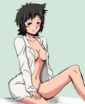  black_hair blush_stickers breasts colorized gebyy-terar highres maggie_mui medium_breasts naked_shirt navel no_bra no_panties open_clothes open_shirt r.o.d_the_tv read_or_die shirt short_hair simple_background sitting smile solo 