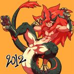  1boy 2012 androgynous anus artist_request balls decko digitigrade dragon genital_slit highres horns male male_focus monster_boy muscles nipples red_hair simple_background slit solo yellow_eyes 