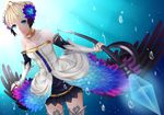 bad_id bad_pixiv_id blonde_hair blue_eyes dress feathers gwendolyn highres multicolored multicolored_wings odin_sphere polearm seishiki solo spear strapless strapless_dress thighhighs valkyrie weapon wings 