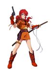  artist_request belt blue_eyes boots colt_saa cowboy_boots dual_wielding freckles fringe_trim gemini_sunrise gloves gun handgun holding holster katana miniskirt official_art ponytail project_x_zone red_hair revolver sakura_taisen sakura_taisen_v sheath sheathed sidelocks skirt smile solo sword weapon 