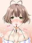  akizuki_ryou antenna_hair bare_shoulders blush brown_eyes brown_hair idolmaster idolmaster_dearly_stars lips lipstick makeup male_focus open_mouth otoko_no_ko short_hair smile solo yokoyama_naoki 