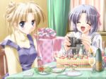  2girls alcohol blonde_hair blue_eyes blush bow cake camcorder candle canvas chair champagne cocktail_soft curtains dish f&amp;c flower food fork game_cg gayarou gift hair_bow indoors lavender_hair multiple_girls napkin open_mouth present ribbon saginomiya_ai sakurazuka_ren salad smile table tablecloth turtleneck wine_glass wineglass 